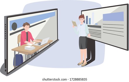 A woman teacher teaching her student online illustation