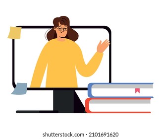 Woman teacher teaching student on computer laptop screen, distance learning concept, new normal. E-learning and remote education. Vector illustration