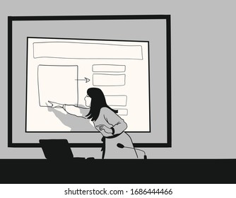 A woman teacher teaching using projector screen in classroom, education concept.