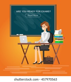 Woman teacher tutor at the desk in the classroom. Flat illustration