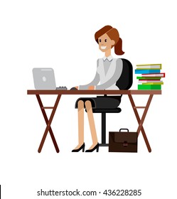 Woman teacher tutor at the desk.  Flat style vector illustration 