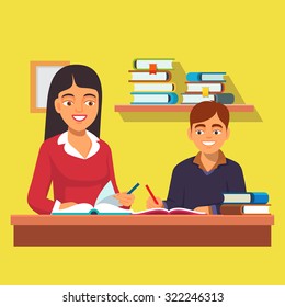 Woman teacher tutor tutoring boy kid at home. Mother helping son with homework. Flat style vector illustration isolated on white background.