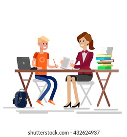 Woman teacher tutor tutoring boy kid at home. Mother helping son with homework. Flat