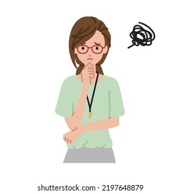 a woman teacher using laptop computer having trouble with her finger on her chin at her desk