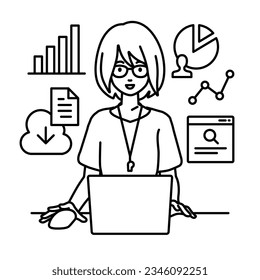 a woman teacher using laptop computer for browsing web sites, researching, sharing files on cloud, analyzing, and making report at her desk