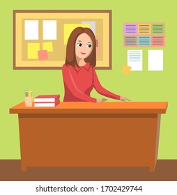 Woman teacher vector, female character working as tutor in college. Table with textbooks, pens and pencils. Board with information pages, back to school concept. Flat cartoon