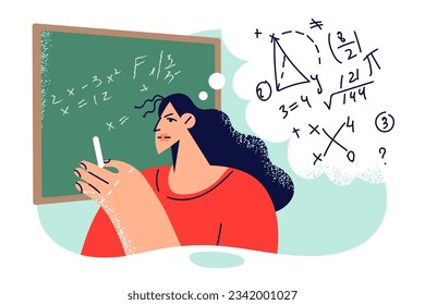 Woman teacher writes mathematical formulas on blackboard to teach students algebra. Girl graduate student of university studies mathematical science and solves complex problems and proves theorems