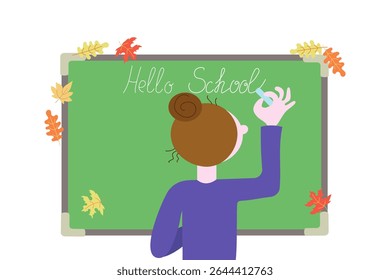 Woman, teacher writes on school board with chalk. Text, calligraphy inscription with chalk on the board. Chalkboard. Hello school, phrase. September 1, holiday. Autumn leaves.