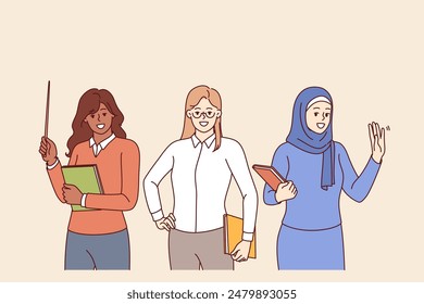 Woman teachers from different cultures smile calling to become student at international university or college. Multiracial teachers with classroom magazines or pointer in hands looking at screen