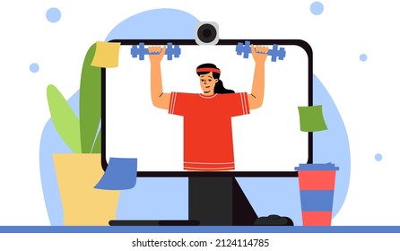 A Woman Teaches Physical Education On Video. Physical Exercises Online, Coach Online. A Woman Holds Dumbbells In Her Hands