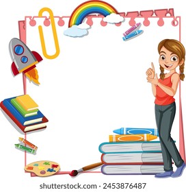 Woman teaching with books and art supplies.
