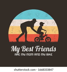 Woman teaching boy to ride bike. Mother and child. Retro background