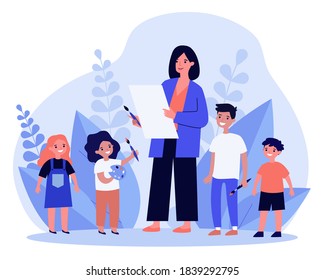 Woman teaching children to draw. Art, school. Flat vector illustration. Education and entertainment concept can be used for presentations, banner, website design, landing web page