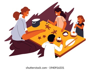 Woman teaching children how to cook gingerbread cookies. Culinary classes in school, basic knowledge and studies for girls. Teacher with kids making desserts and pastry. Vector in flat style