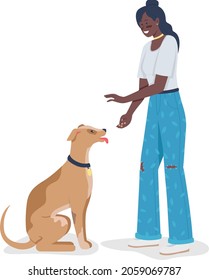 Woman Teaching Dog Tricks Semi Flat Color Vector Character. Posing Figure. Full Body Person On White. Pet Adoption Isolated Modern Cartoon Style Illustration For Graphic Design And Animation