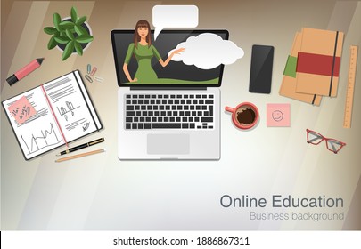Woman teaching during video call. People having virtual education live conference.  Coronavirus quarantine concept with top view workspace. Flat vector illustration