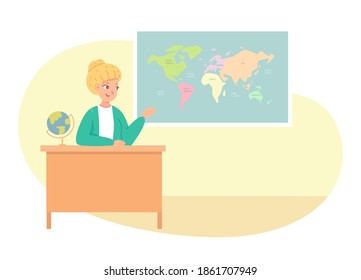 Woman teaching geography lesson in class. Teacher in education vector illustration. Young woman sitting at desk, pointing at map with countries and oceans. Horizontal view of school.