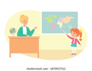 Woman teaching geography lesson in class, girl answering. Teacher in education vector illustration. Young woman sitting at desk, student pointing at map with countries and oceans.