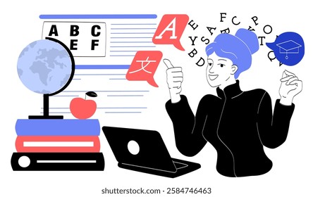 Woman teaching language with books, globe, laptop, and speech bubbles. Modern flat style on white background. Concept of education and learning