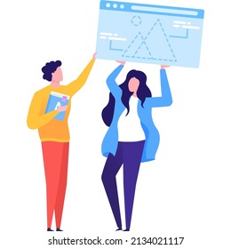 Woman teaching man webdesign vector flat icon. Female expert training young student character isolated on white background