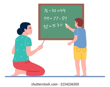 Woman teaching math to little boy. Home education concept