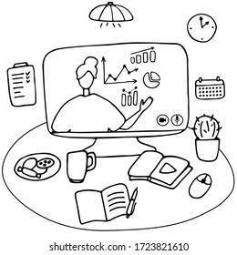Woman teaching online. Business courses, economic blog, e-learning. Workplace at home in front of computer for freelance work, distance learning. Hand drawn vector illustration