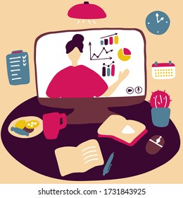 Woman teaching online. Business courses, economic blog, e-learning. Workplace at home in front of computer for freelance work, distance learning. Flat vector illustration
