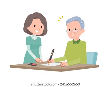 Woman teaching senior man how to fill out forms