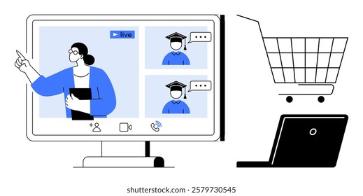 Woman teaching students online with live chat on screen, a shopping cart, and laptop. Ideal for e-learning, remote work, online courses, virtual meetings, and digital shopping. Minimalist vector art