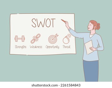 woman teaching swot marketing analysis strategy on whiteboard with outline or line and clean simple style