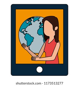 woman teaching in tablet and world planet