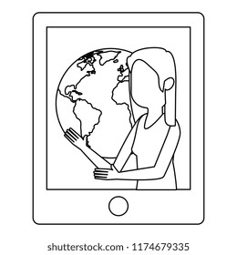 woman teaching in tablet and world planet