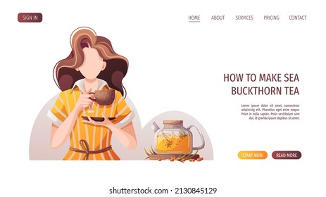 Woman with teacup and teapot with sea buckthorn tea. Tea shop, cafe-bar, tea lover, tea party, beverages, kitchen concept. Vector illustration for poster, banner, website, menu, advertising. 