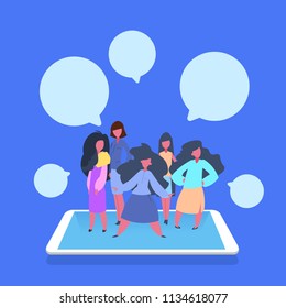 woman team chat bubble application communication female cartoon character diversity poses blue background full length flat vector illustration