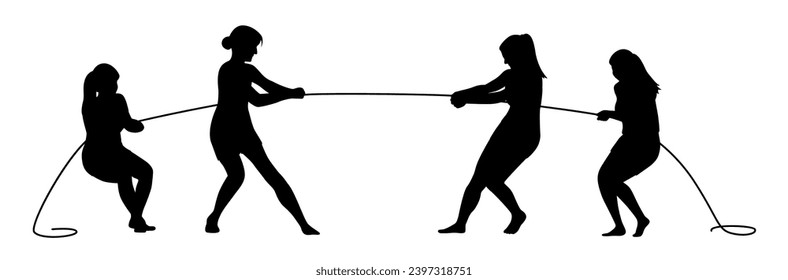 Woman team pulling a rope in tug of war silhouette, concept of compete, teamwork, Teams Playing Tug Of War	