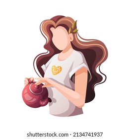 Woman with teapot. Tea shop, cafe-bar, tea lover, tea party, beverages concept. Isolated vector illustration for poster, banner, card, menu, advertising. 