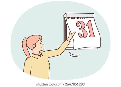 A mulher rasga a folha de calendário com o número 31 no fim do mês e início de novo período. Conceito de gerenciamento de tempo e monitoramento de calendário para cumprimento de prazos e adiamento de cronograma