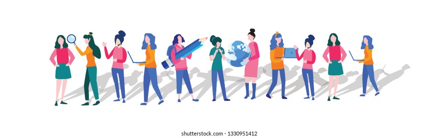 Woman in tech, Happy women or girls standing together , girls, power, strong, strength, feminism, vector illustration. Teamwork, Leadership Concept, networking. Queue, people are standing in line.