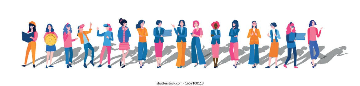 Woman in tech, Happy women or girls standing together , girls, power, strong, strength, feminism, vector illustration. Teamwork, Leadership Concept, networking.