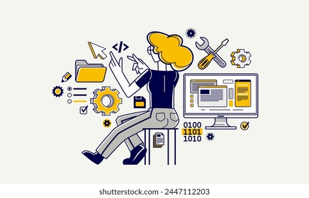 Woman technician computer engineer repairing pc vector outline illustration, fixing system work with software and hardware, system administrator.