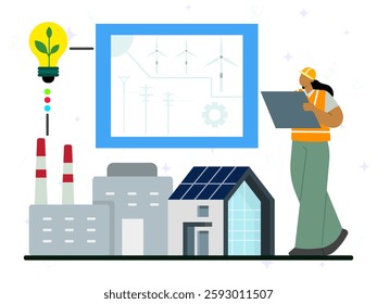 A woman technician inspecting of blueprint landscaping wind power plans. Eco friendly of factory and solar panel at house. Green industry, sustainbility at home, community, sustainable. 