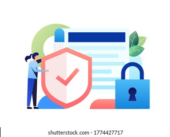 A woman technician must monitoring data security on their database program. She responsible to make sure all security issue save. Data security is an asset. Vector illustration with minimalism style