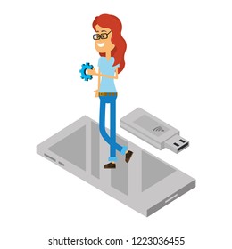 Woman and technology isometric