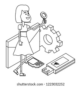 Woman and technology isometric in black and white