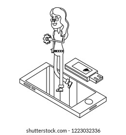 Woman and technology isometric in black and white