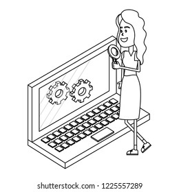 Woman and technology isometric black and white