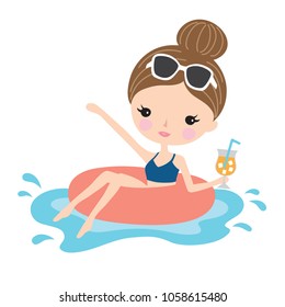 Woman or teenage girl floating on inflatable ring in swimming pool vector illustration.