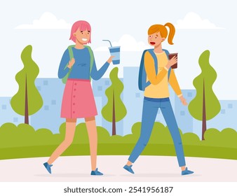Woman Teenager with Cup of Coffee Walking and Talking Vector Illustration
