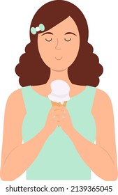 Woman, teenager with icecream. girl holding icecream vector illustration isolated on white background. Feelings of joy, pleasure girl with brown hair closed eyes enjoying tasty sweet icecream.