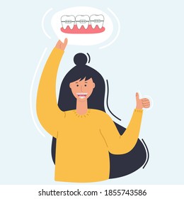 Woman with teeth braces. Dental care. Woman smiling and showing her smile with dental braces. Flat Vector illustration.